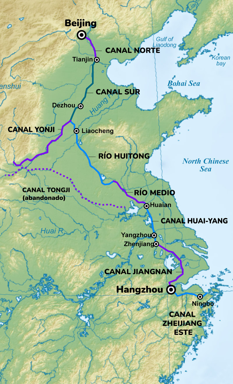 Trazado y partes del Gran Canal de China, de 1.700 km que une Beijing con Hangzhou. Fuente: Groverlynn (Wikimedia). Gráfico: javierperez.info