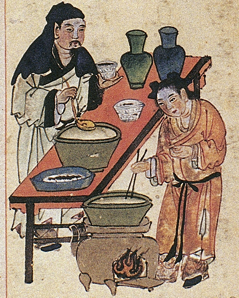 Ilustración del Shiwubencao (Materia dietética), un herbario dietético en cuatro volúmenes de la época Ming (1368-1644). El autor y los artistas son anónimos. La obra contiene entradas sobre más de 300 sustancias medicinales y está ilustrada con casi 500 pinturas en color. Autor anónimo. Imagen de , CC-BY-4.0, Wikimedia para «Chinese chopsticks in art».