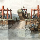 Esclusa de canal por la que pasó una embajada británica el 6 de noviembre de 1793. Dibujo de William Alexander. Dominio público en Wikimedia para «Grand Canal of China».