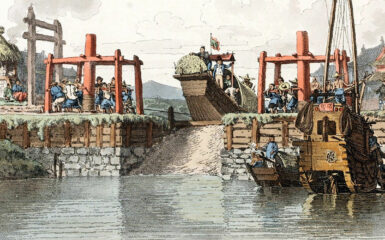 Esclusa de canal por la que pasó una embajada británica el 6 de noviembre de 1793. Dibujo de William Alexander. Dominio público en Wikimedia para «Grand Canal of China».