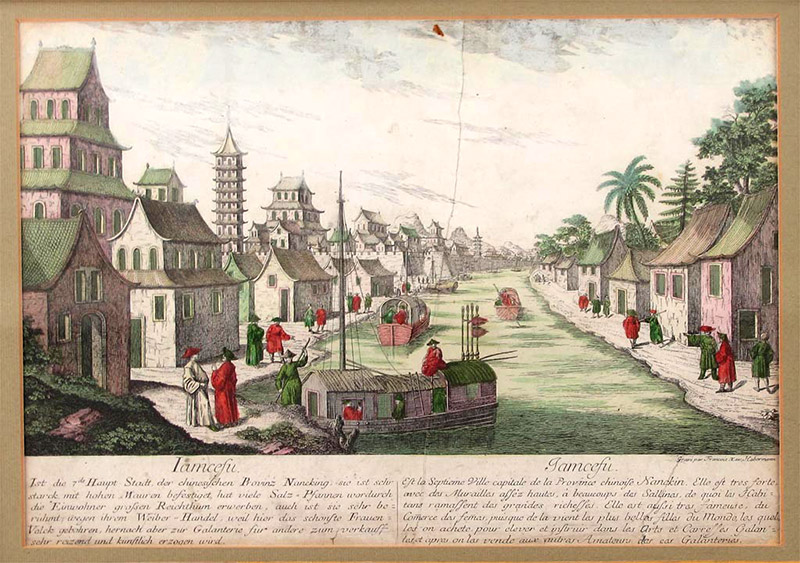 El Gran Canal en Yangzhou. Grabado de Franz X. Habermann, Augsburg. Auktionshaus Zeller, dominio público en Wikimedia para «Grand Canal of China».