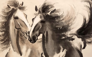 Fragmento de la obra «Dos caballos al galope» de Xu Beihong. Tinta sobre rollo de papel. Foto: Wikimedia commons, domino público.