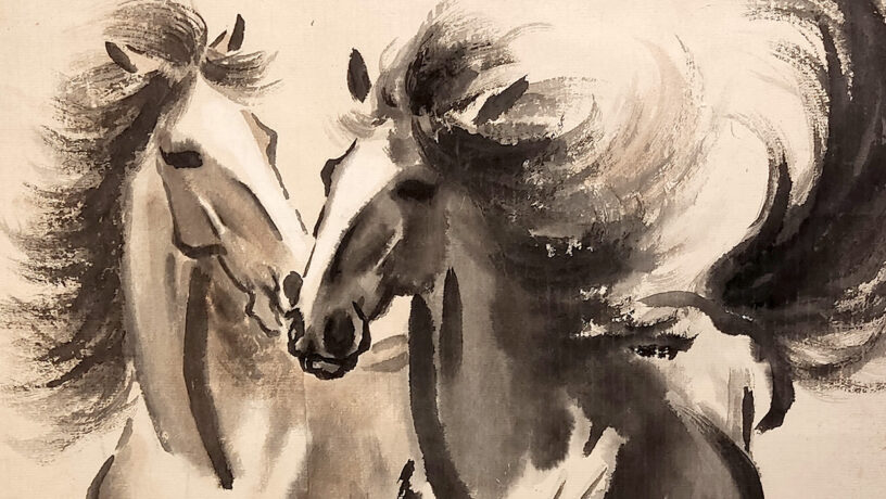 Fragmento de la obra «Dos caballos al galope» de Xu Beihong. Tinta sobre rollo de papel. Foto: Wikimedia commons, domino público.