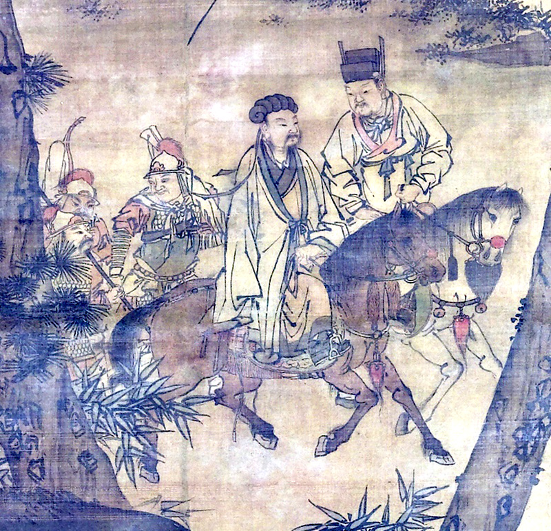 Zhuge Liang deja las montañas en este mural de la dinastía Ming, donde se representa a Zhuge Liang dejando su rústico hogar para entrar en el servicio de Liu Bei. Foto: Wikipedia.