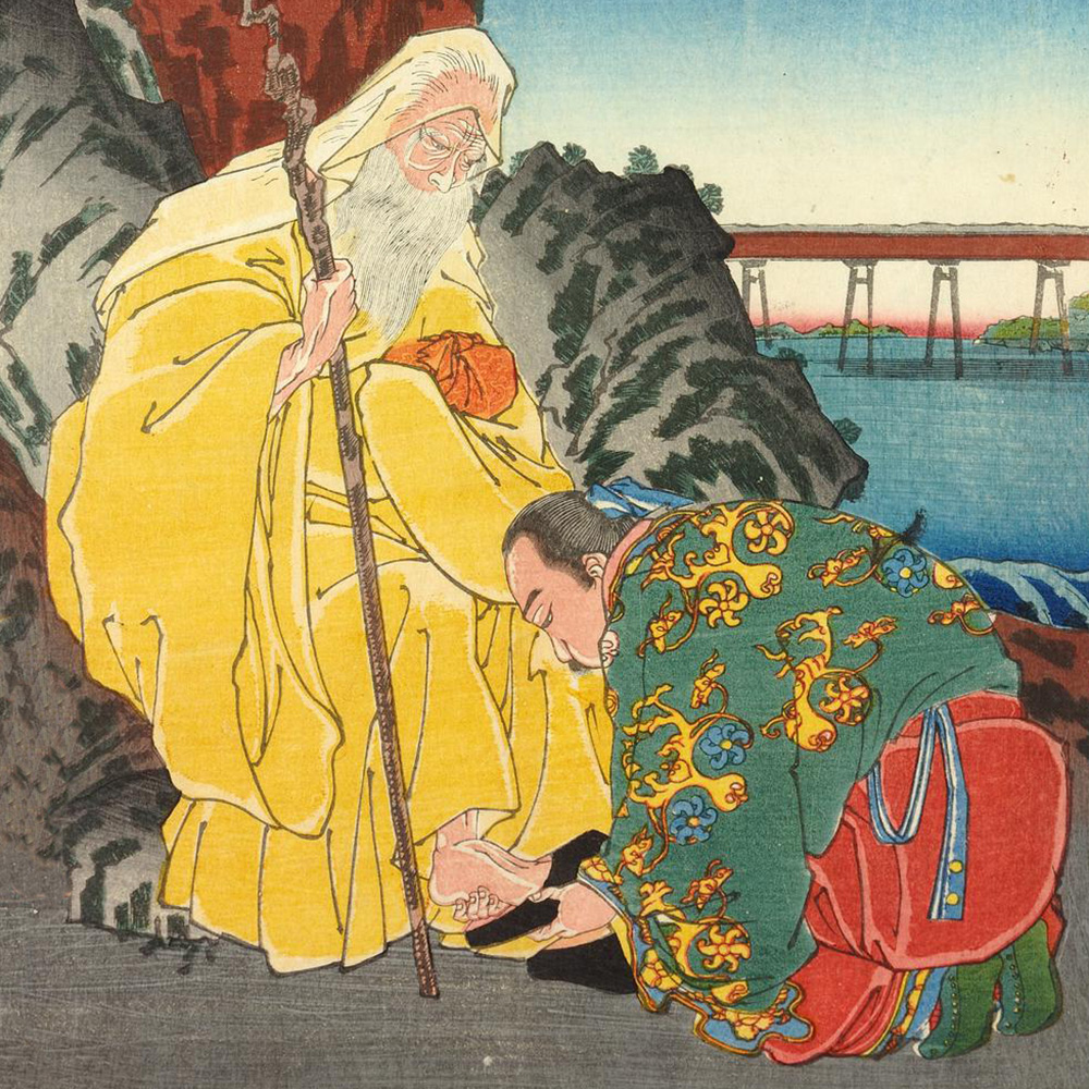 El héroe de la dinastía Han, Zhang Liang devolviendo el zapato al mago Huang Shidong. Pintura japonesa de Ko Sikiko. Wikimedia commons para «Zhang Liang», dominio público.
