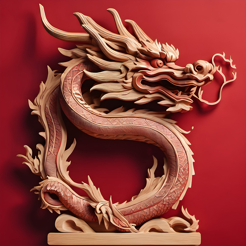 Dragón hecho de madera con los atributos tradicionales chinos. Imagen generada por IA. 123RF.