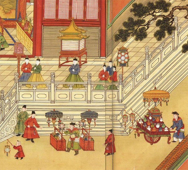Fragmento de una pintura de 1485. Representa al Emperador Ming Chenghua disfrutando de las festividades con las familias en la Ciudad Prohibida durante la tradicional Fiesta de los Faroles. Incluye acrobacias, opera, espectáculos de magia y lanzamiento de fuegos artificiales. Foto: Wikipedia.