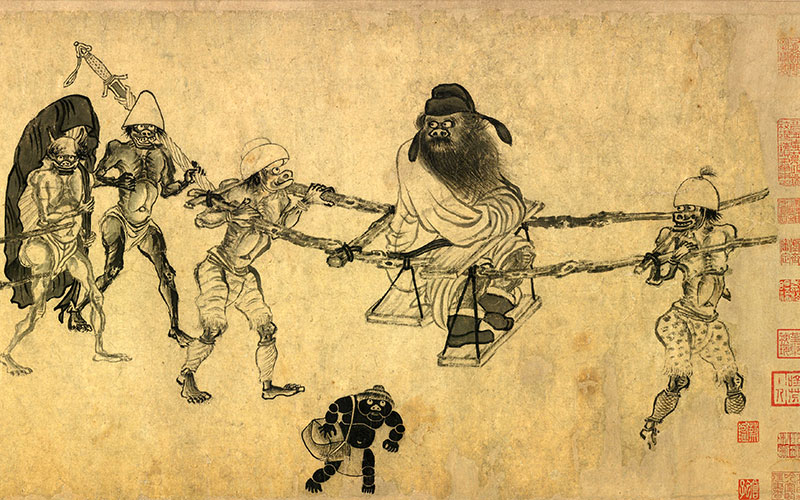 Zhong Kui, conocido como el Expulsador de Demonios, emprendiendo una expedición de caza junto con su hermana. Fragmento de un rollo pintado por Gon Kai (1222–1307). Wikimedia commons, dominio público.