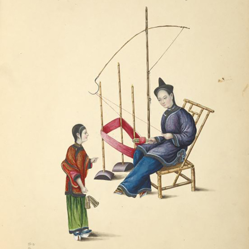 Dos mujeres en una rueca haciendo una madeja de seda. Acuarela de 1800. Architecture Collection, New York Public Library Archives, Dominio Público.