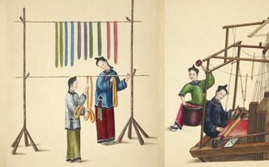 Fabricación de seda en la antigua China. Montaje de dos acuarelas de 1800. Architecture Collection, New York Public Library Archives, Dominio Público.