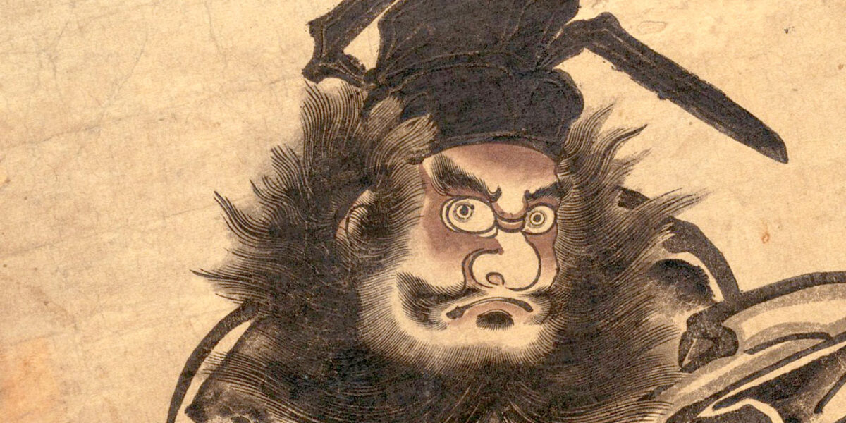 Zhong Kui, conocido como el cazador de demonios o «dominador de demonios. Es una figura literaria que data al menos del s. X. Imagen: Fragmento de un retrato a cuerpo entero de Okumura Masanobu, s.XIX. MET Museum, Dominio público.