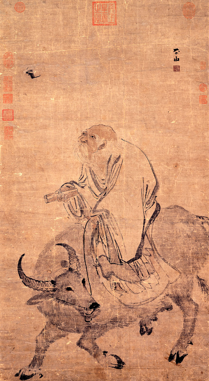 Laozi cabalga un buey para desaparecer hacia el Oeste. Obra de Zhang Yu (1464–1538). Foto: Wikimedia commons, dominio público para «lbum of 18 Daoist Paintings by Zhang Lu».