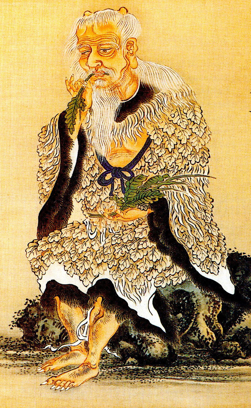 Yandi, Shennong, pintado por Xu Jetian. Escaneado por Szilas del libro Kínai költészet (Chinese poetry, ISBN 963 9283 06 1). Wikimedia commons para «Shennong in art». Dominio público.