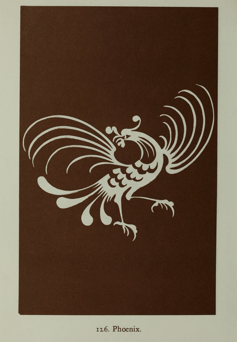 Plantilla para recortar. El fénix expresa renacimiento, prosperidad y armonía en el matrimonio.. Imagen del libro Hawley, W. M. (1971). Chinese folk designs, Dover Publications.