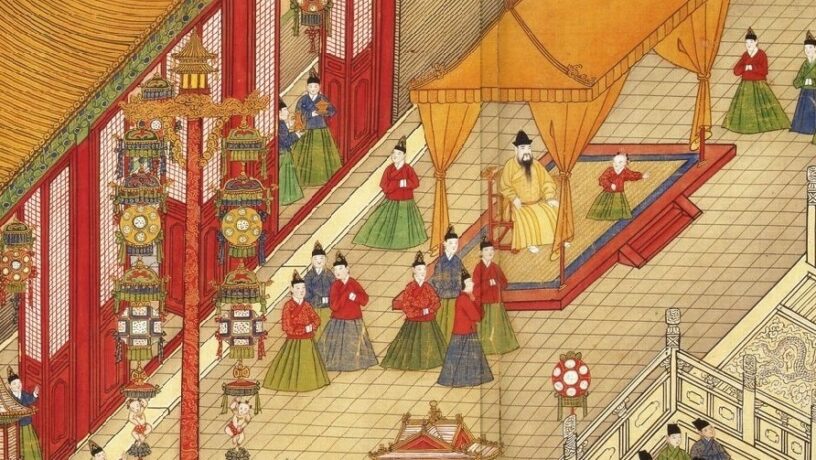 El noveno emperador Ming, Xianzong (Emperador Chenghua), disfrutando del Festival de los Faroles chino. Imagen: Corte imperial Ming. Dominio público. Wikimedia para «Emperor Xianzong_Enjoying the Lantern Festival.