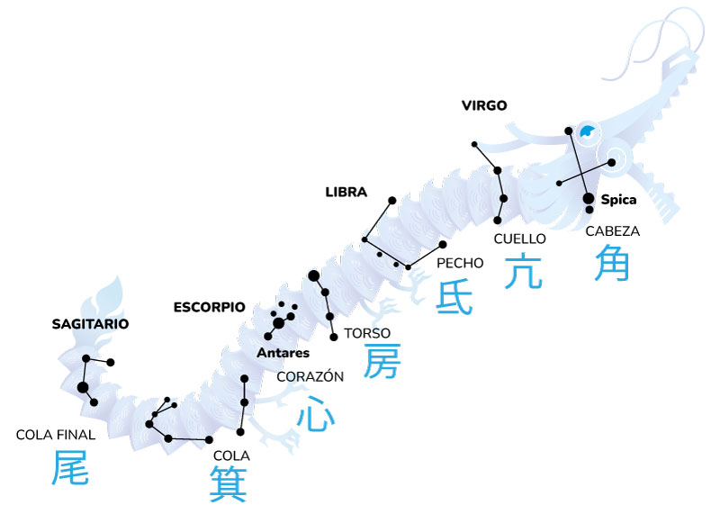 El Dragón Azul del Este y sus mansiones lunares Representación del Qinglong (青龙) a partir de las mansiones lunares orientales.