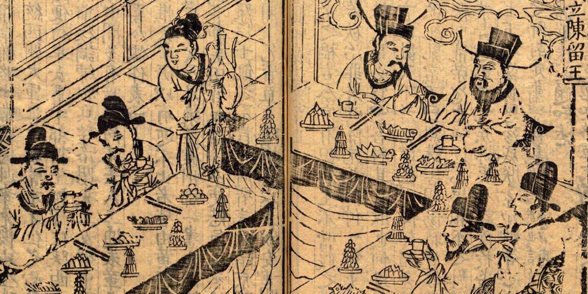 Reunión en la que Dong Zhuo anuncia que quiere deponer al emperador Shao, el último emperador Han. Ilustración de una versión del «Romance de los Tres Reinos». Foto: Wikimedia. Original de la dinastía Ming. Dominio público para «Dong Zhuo».