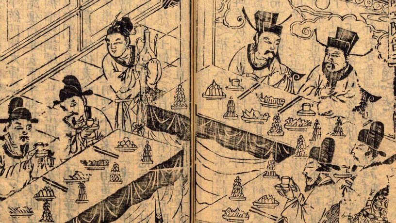 Reunión en la que Dong Zhuo anuncia que quiere deponer al emperador Shao, el último emperador Han. Ilustración de una versión del «Romance de los Tres Reinos». Foto: Wikimedia. Original de la dinastía Ming. Dominio público para «Dong Zhuo».